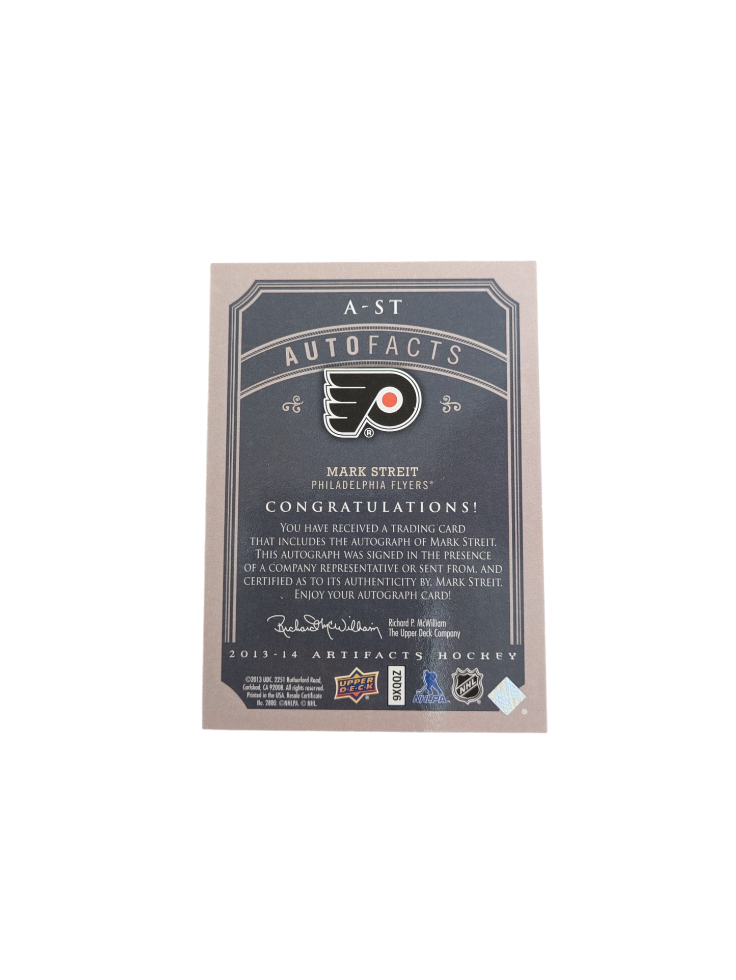 2013 Upper Deck Artifacts Philadelphia Flyers Mark Streit Auto card