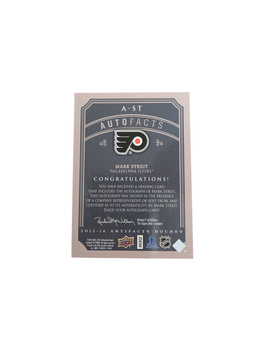 2013 Upper Deck Artifacts Philadelphia Flyers Mark Streit Auto card