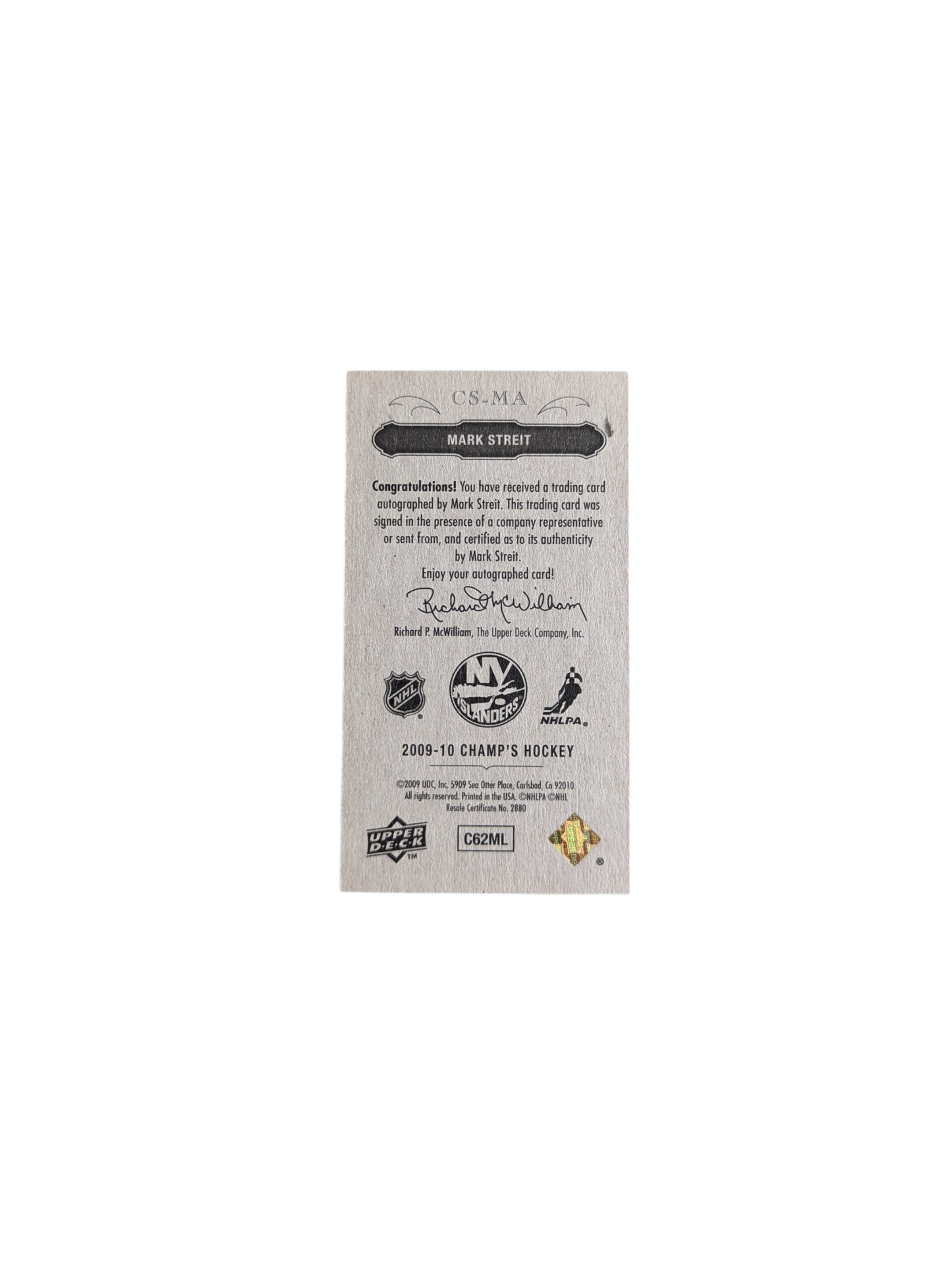 2009 Upper Deck Champ's Hockey New York Islanders Mark Streit Mini Auto card