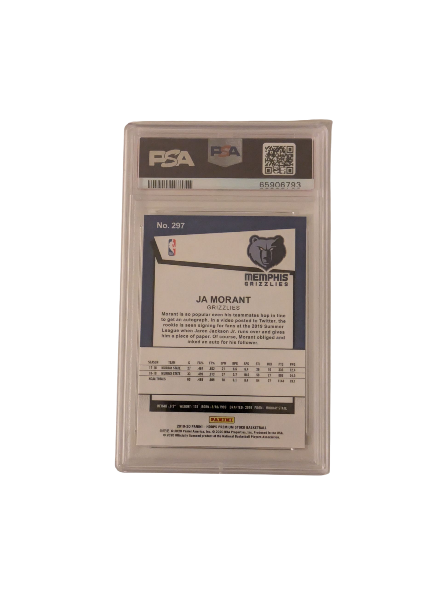 2019 Panini Hoops Ja Morant Premium Stock #297 PSA 9 Card