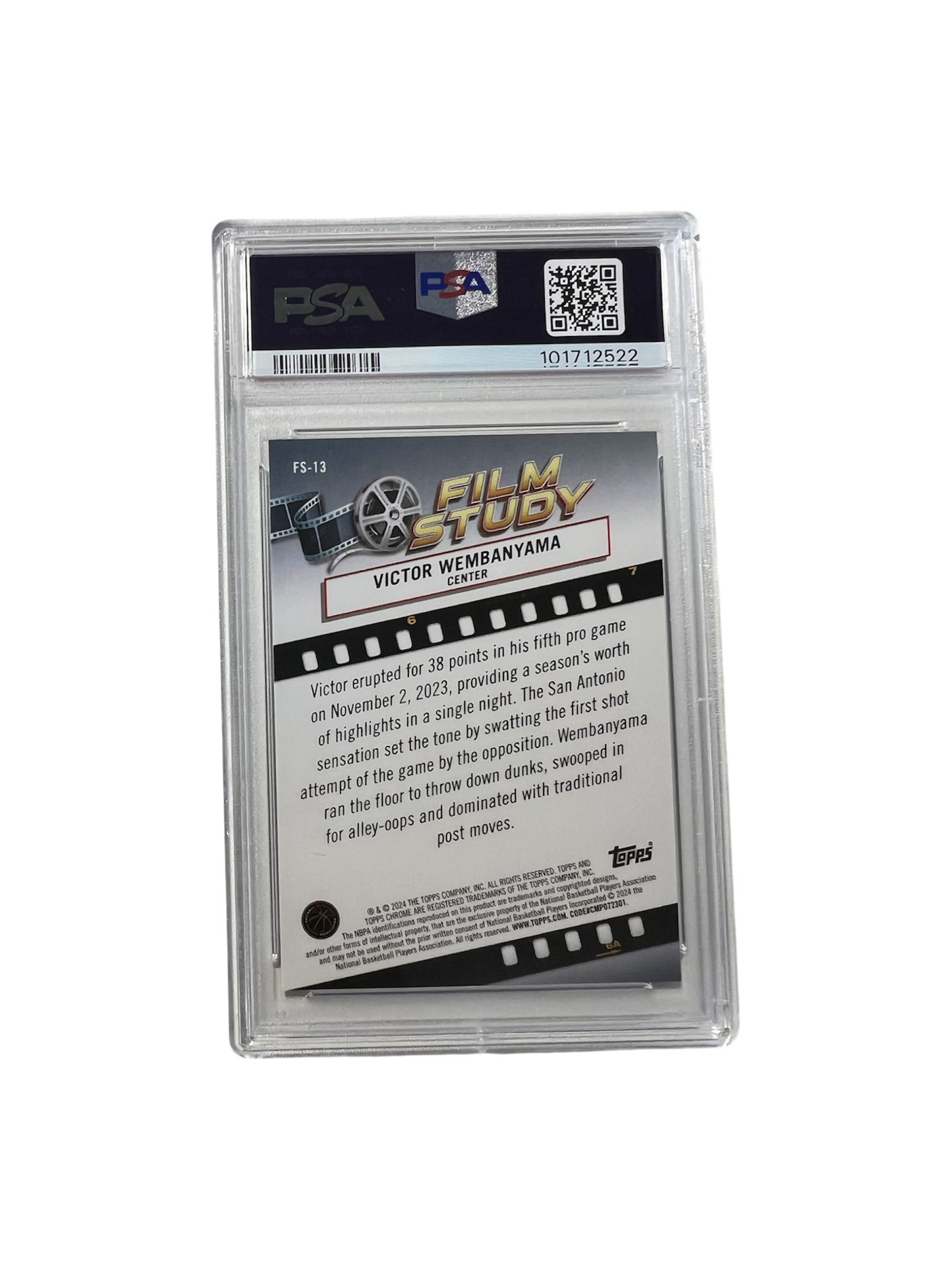 2023 Topps Chrome Victor Wembanyama Film Study Blue Refractor PSA card