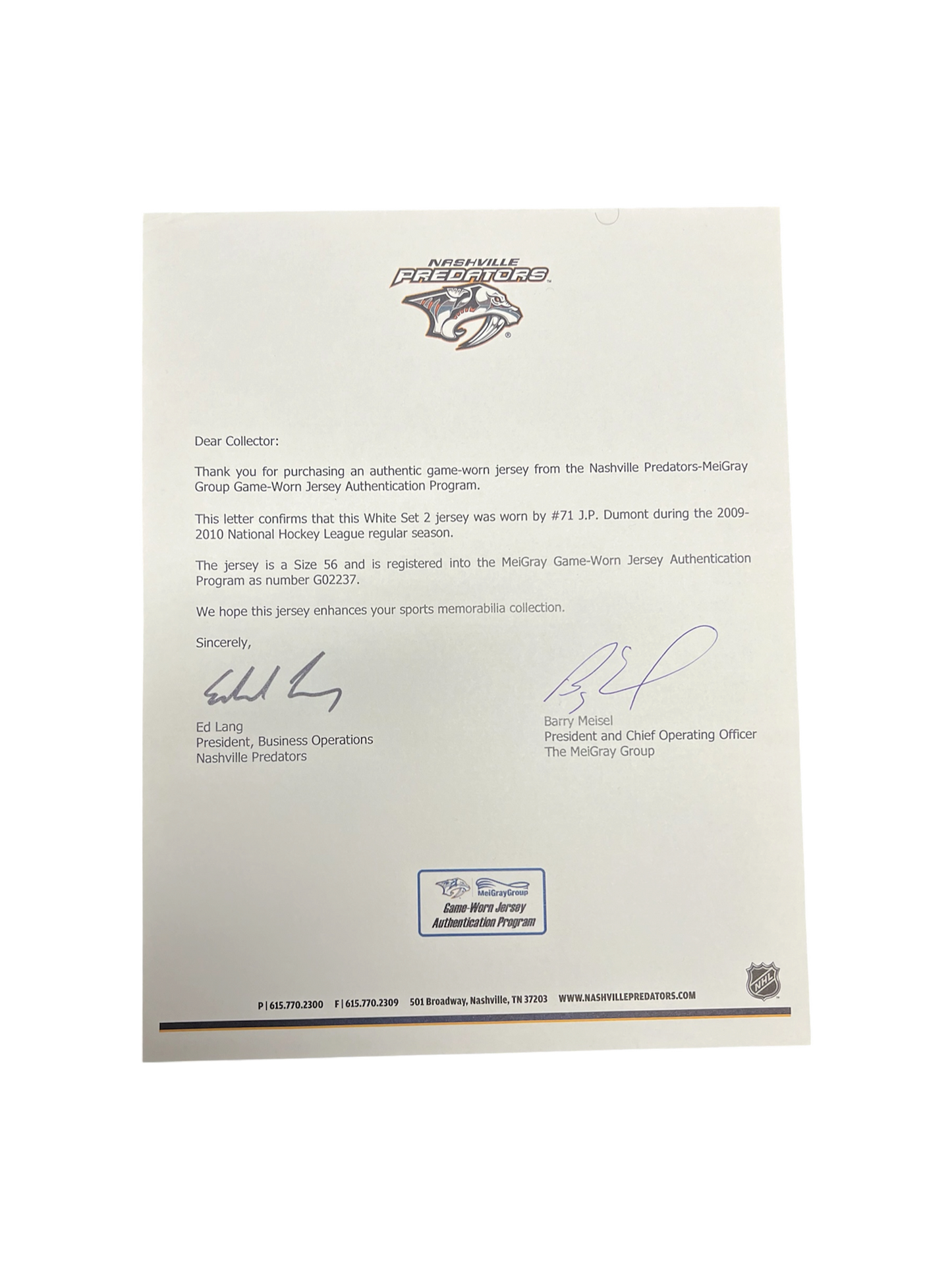 Nashville Predators Jean-Pierre Dumont NHL Game worn Jersey