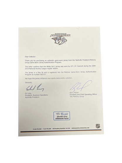 Nashville Predators Jean-Pierre Dumont NHL Game worn Jersey