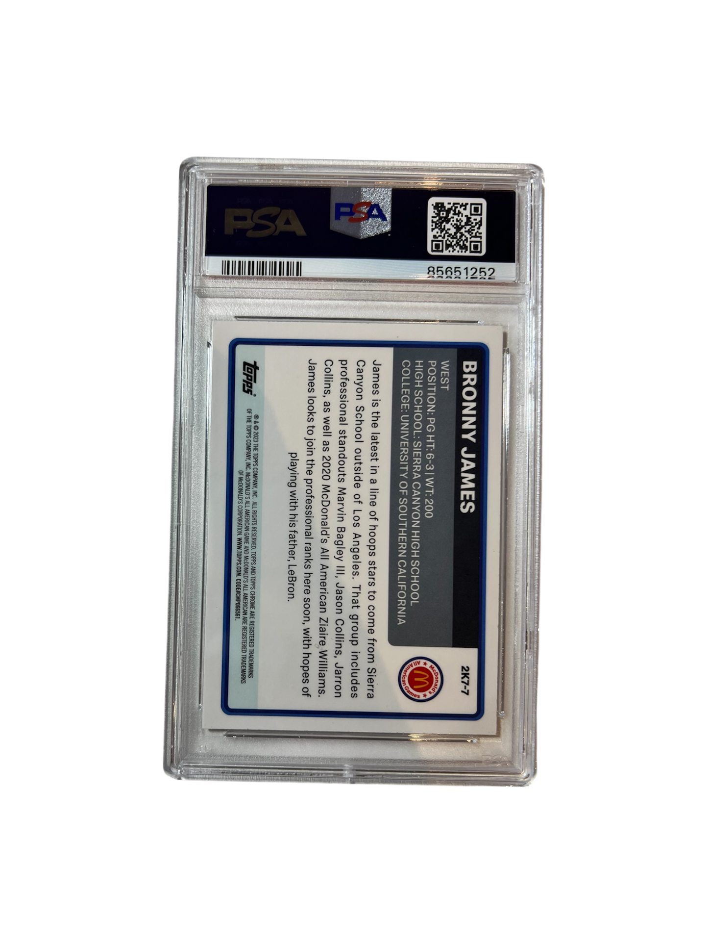 2023 Topps Chrome Bronny James McDonald's AA PSA 10 Card