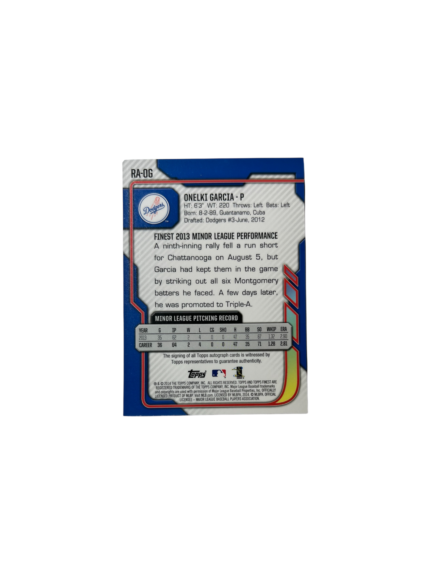 2014 Topps Los Angeles Dodgers Onelki Garcia Rookie AUTO card