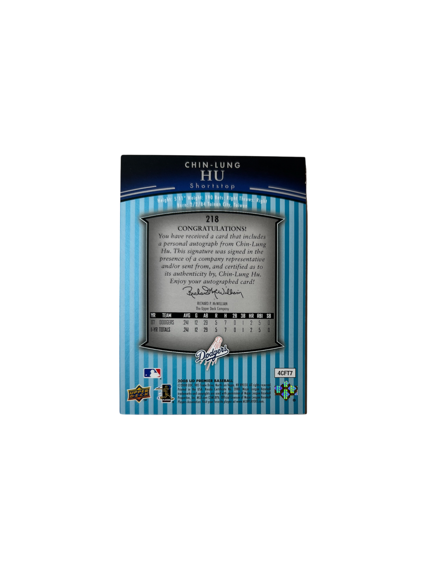 2008 Upper deck Premier Los Angeles Dodgers Chin-Lung Hu Rookie AUTO card