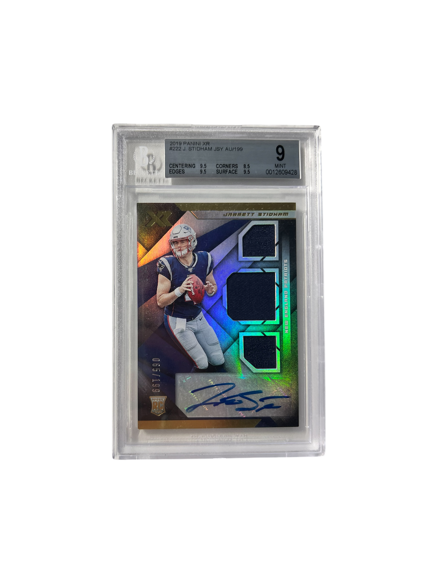2019 Panini XR Jarrett Stidham Patriots Jersey PATCH AUTO /199 Backett BGC Card