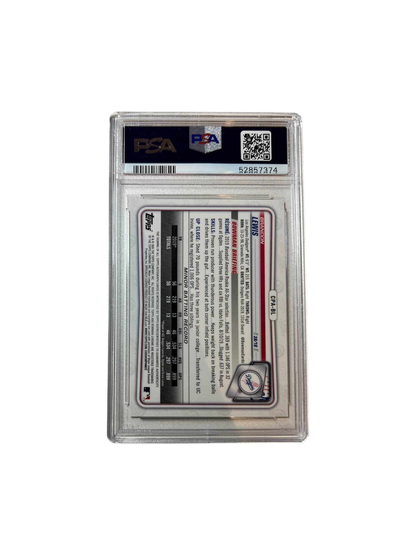 2020 Bowman Chrome Brandon Lewis Dodgers AUTO PSA Card