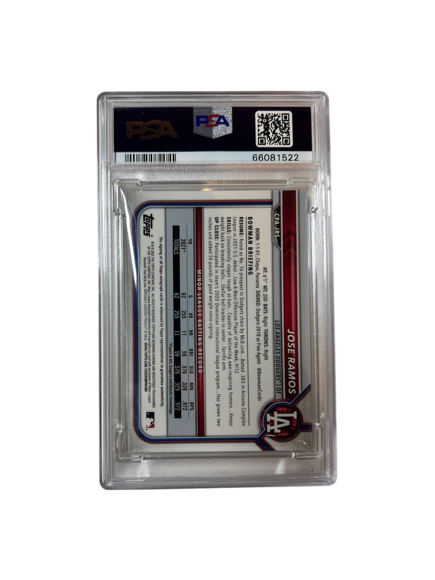 2022 Bowman Chrome Jose Ramos Dodgers /299 AUTO PSA Card