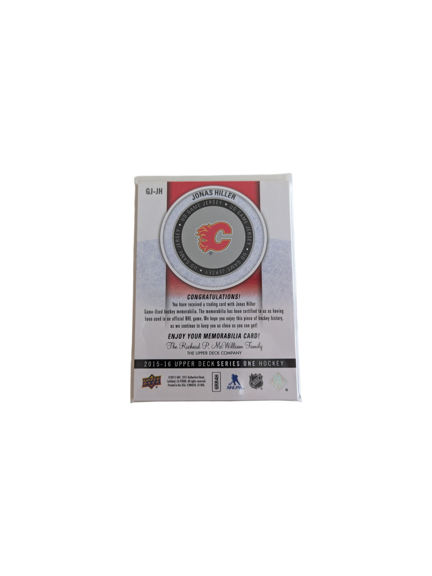 2015 Upper Deck Game Jersey Calgary Flames Jonas Hiller Patch GJ-JH card