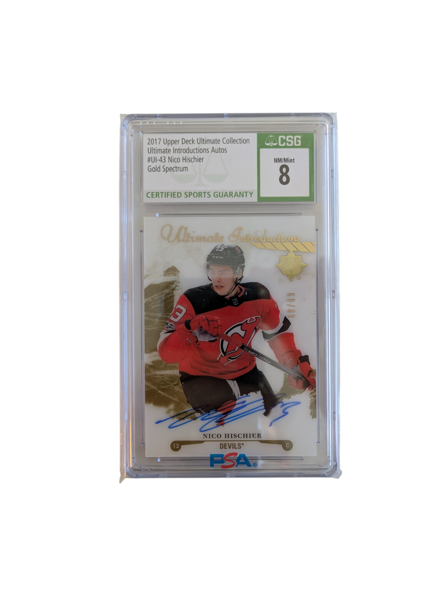 2017 Upper Deck Ultimate Collection Nico Hischier Gold Spectrum CSG Auto Card