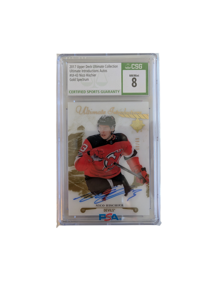 2017 Upper Deck Ultimate Collection Nico Hischier Gold Spectrum CSG Auto Card