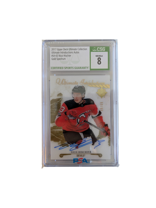 2017 Upper Deck Ultimate Collection Nico Hischier Gold Spectrum CSG Auto Card