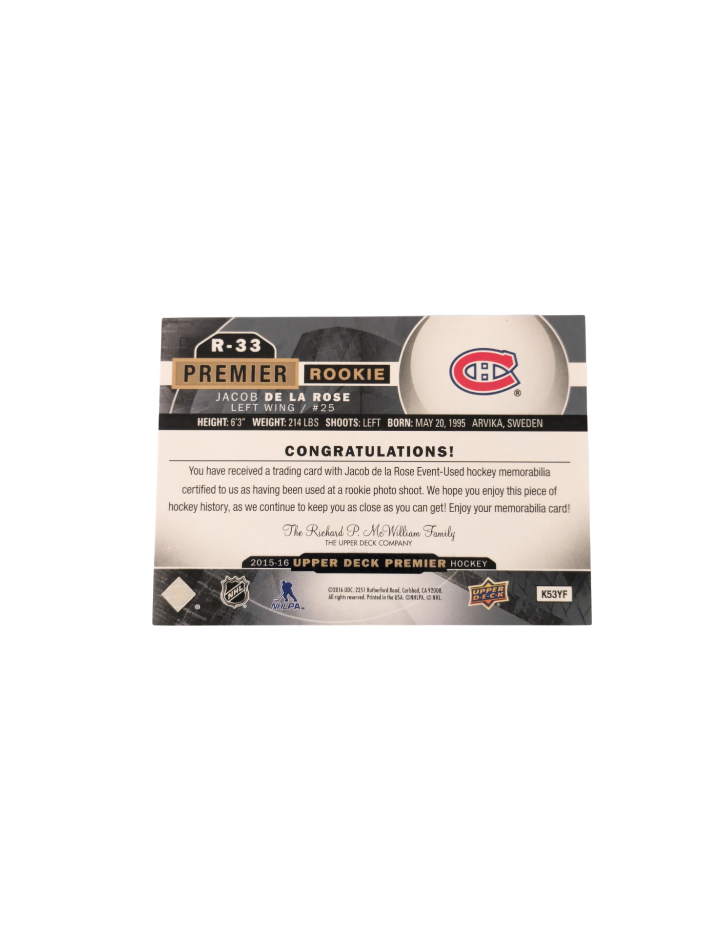 2016 Upper Deck Premier Montreal Canadiens Jacob de la Rose Rookie Patch card