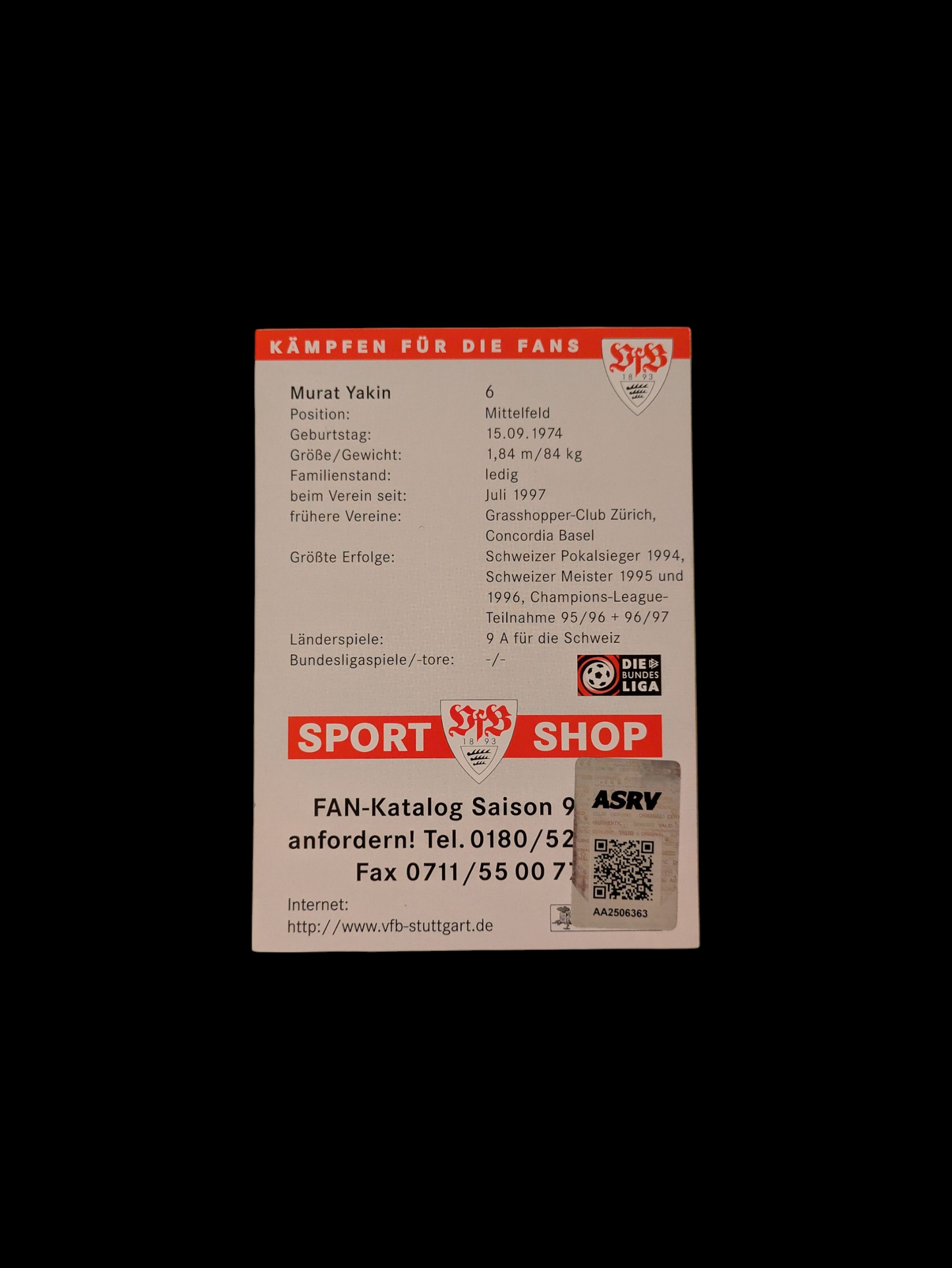 VfB Stuttgart Football Auto Card signed by Murat Yakin