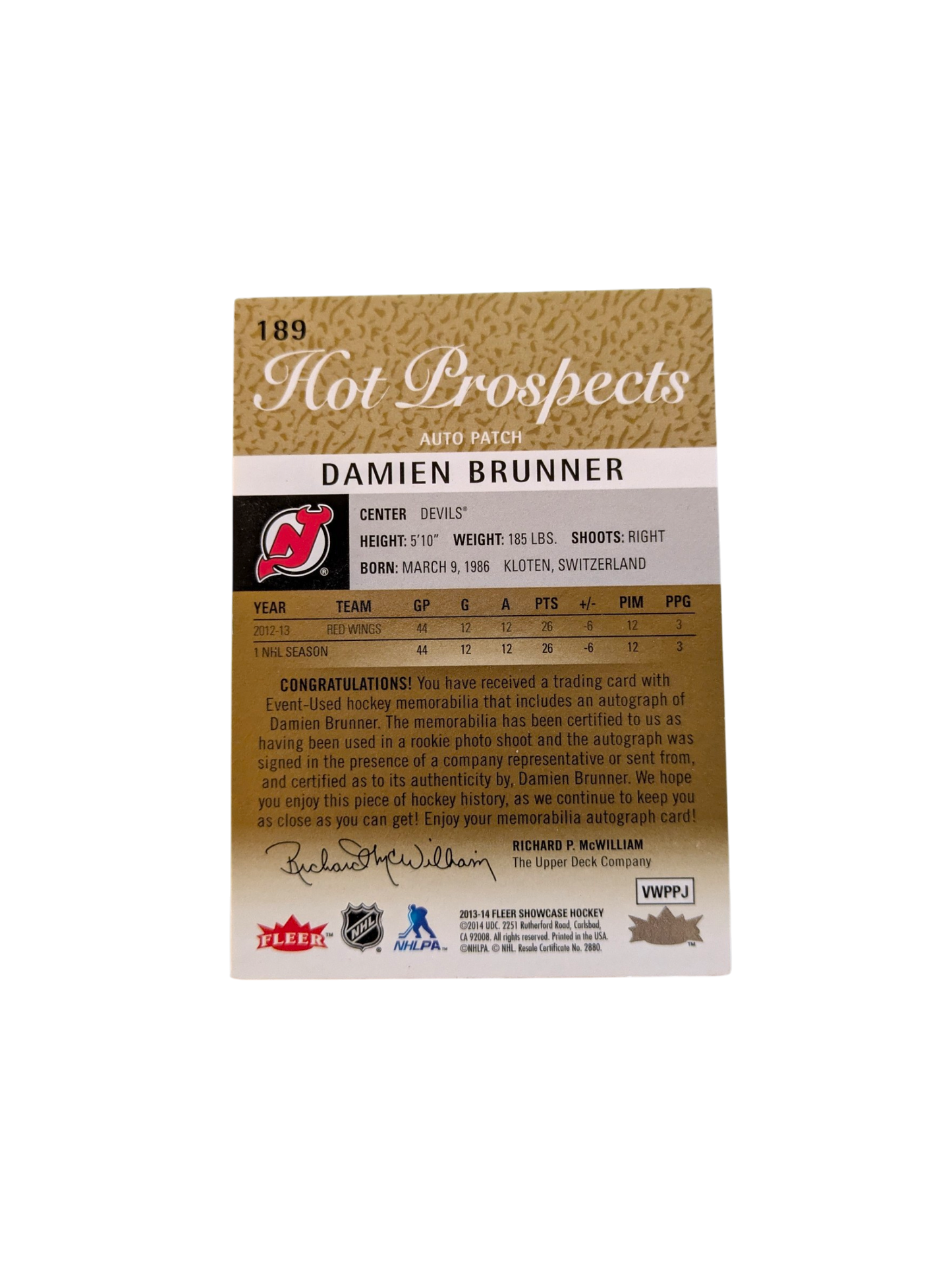 2013-14 Fleer Hot Prospects New Jersey Devils Damien Brunner Patch & Auto /375 card