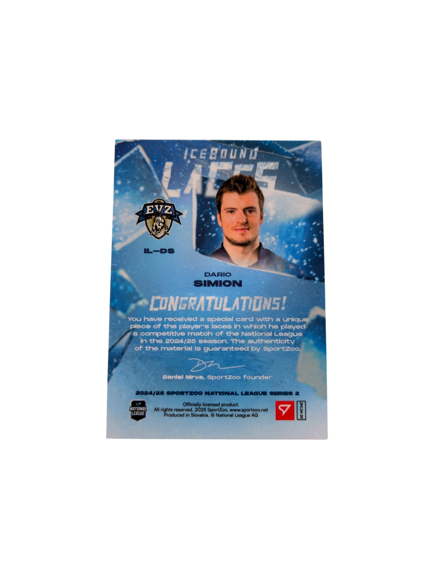 2025 SportZoo National League Series 2 EV Zug IceBound Laces Dario Simion 28/30 card