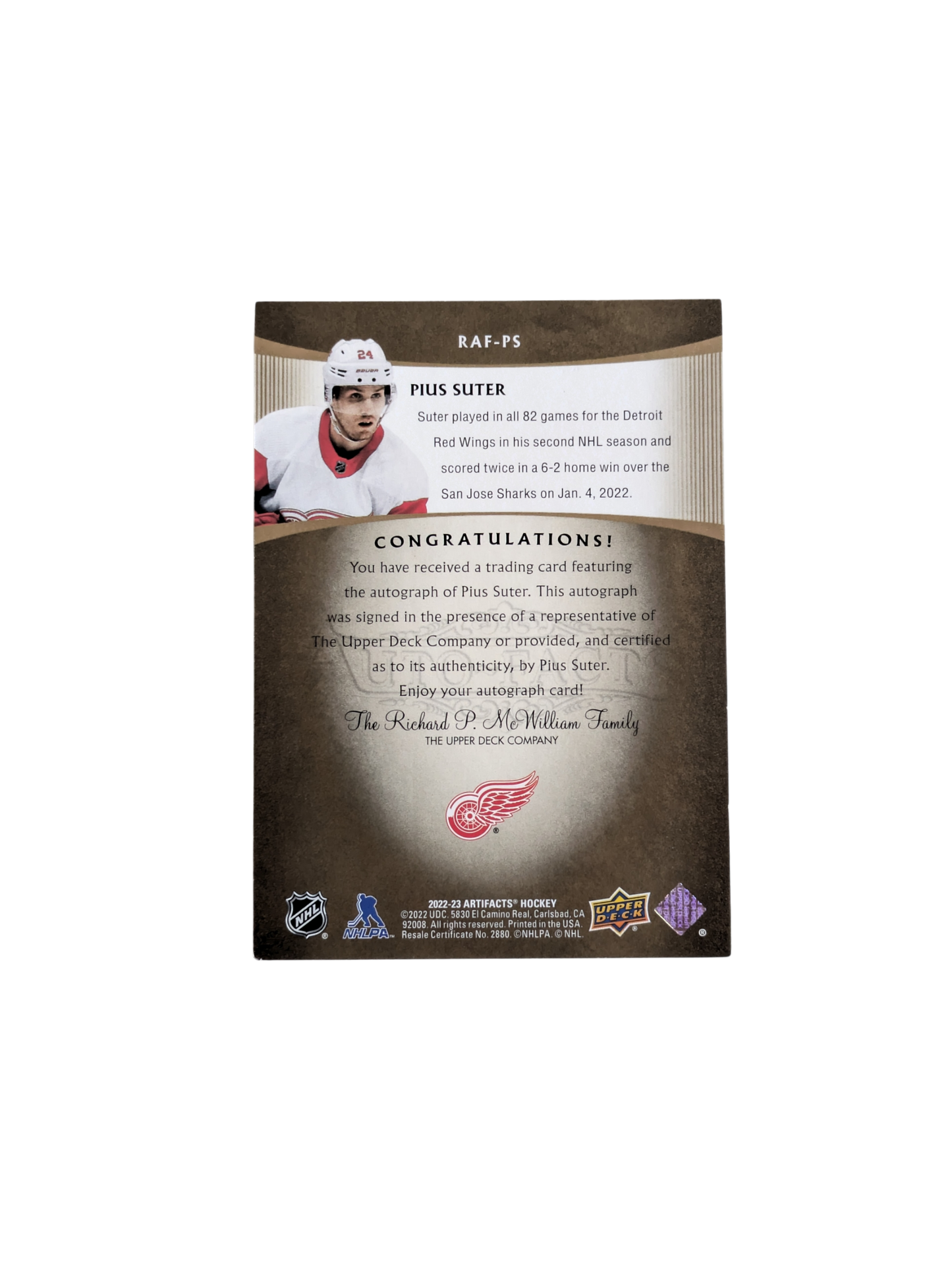 2022 Upper Deck Artifacts NHL Detroit Red Wings Pius Suter Auto card