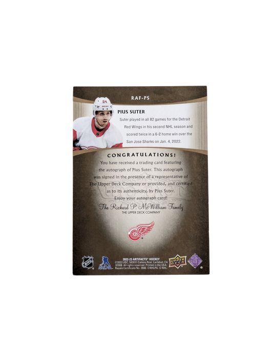 2022 Upper Deck Artifacts NHL Detroit Red Wings Pius Suter Auto card