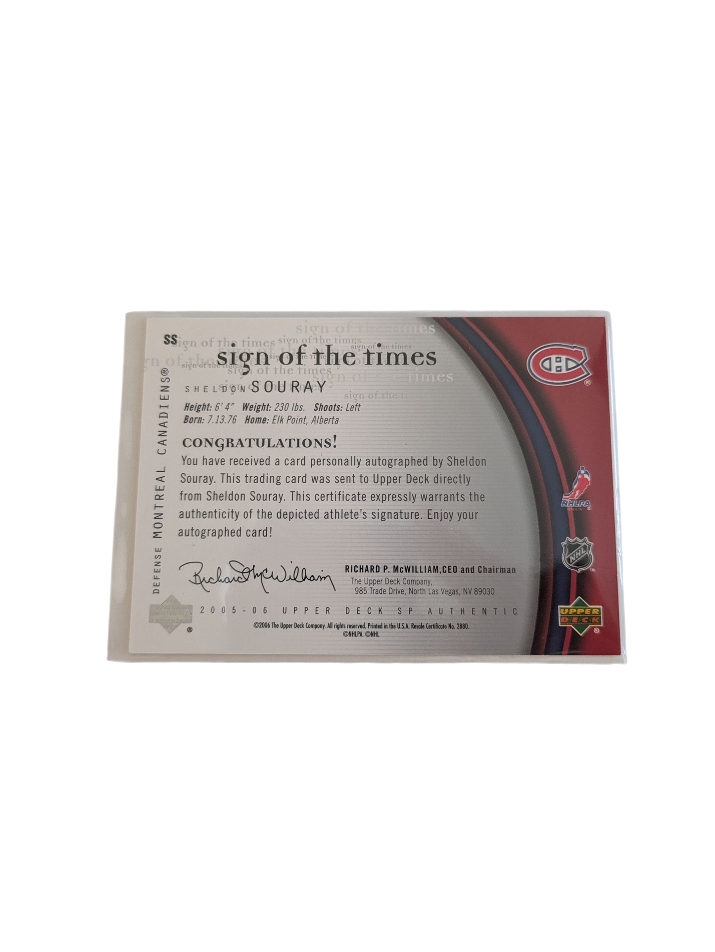 2006 Upper Deck Sign of the Times Montreal Canadiens Sheldon Souray Auto Card