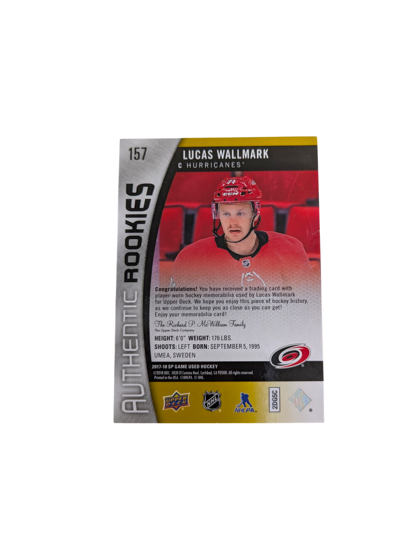 2017-18 Upper Deck Authentic Rookies Carolina Hurricanes Lucas Wallmark 325/999 Patch card