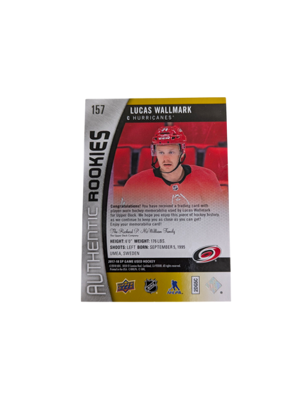 2017-18 Upper Deck Authentic Rookies Carolina Hurricanes Lucas Wallmark 325/999 Patch card