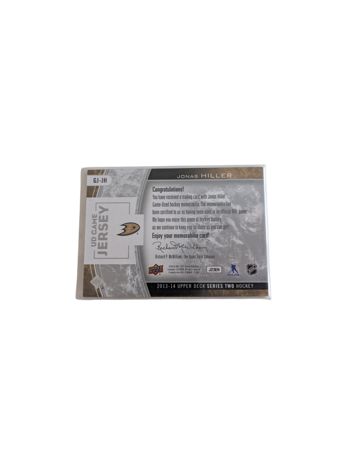 2013 Upper Deck Game Jersey Anaheim Ducks Jonas Hiller Patch GJ-JH card