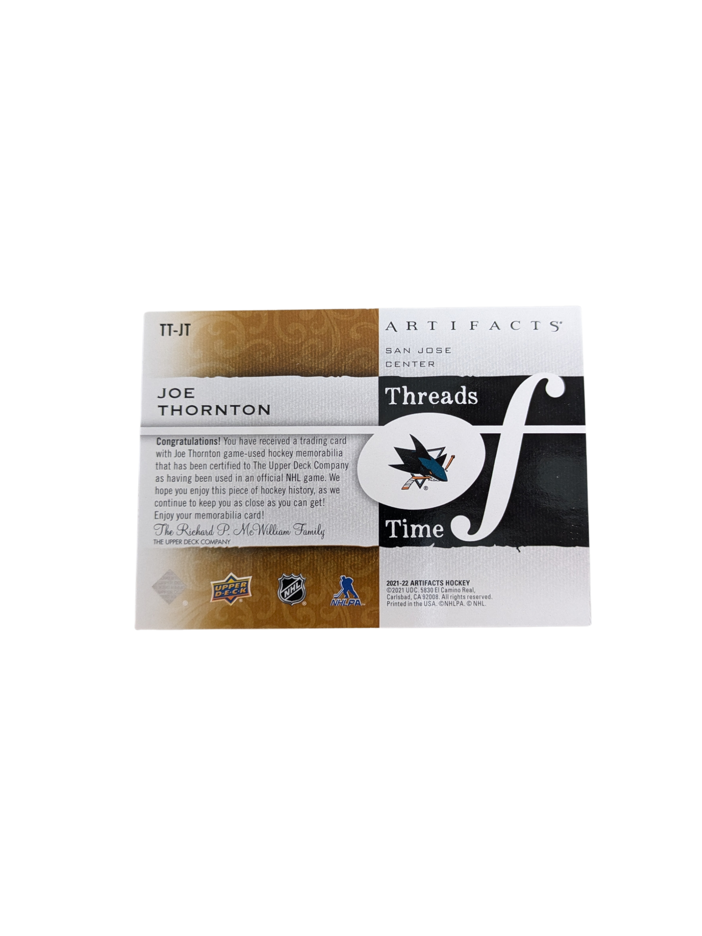 2021 Upper Deck Artifacts San Jose Sharks Joe Thornton Threads Time Patch card
