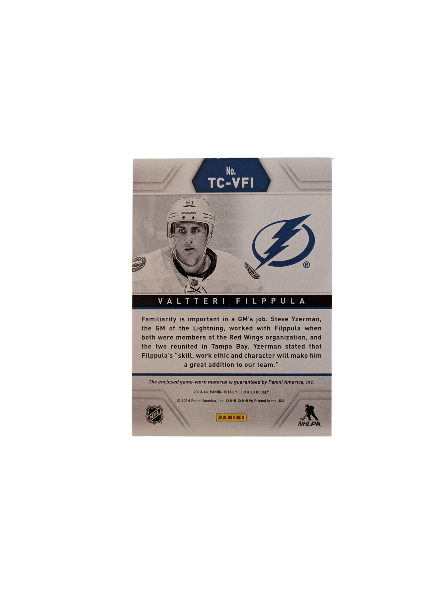 2014 Panini Totally Certified Tampa Bay Lightning Valterri Filppula Patch Card