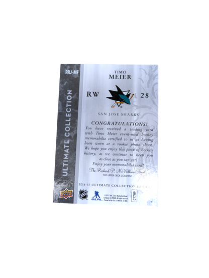 2017 Upper Deck Ultimate Collection San Jose Sharks Timo Meier Patch 74/99 card