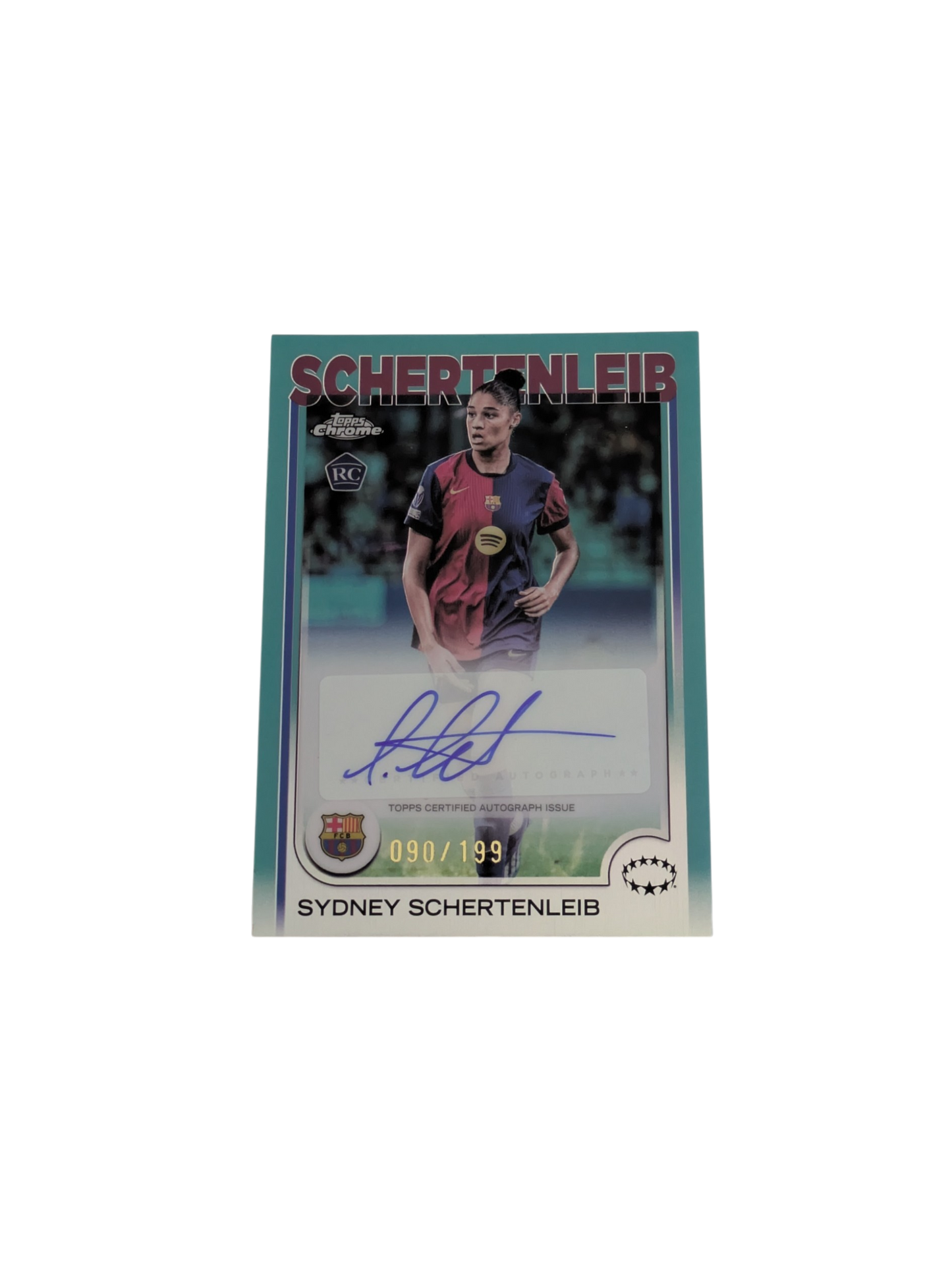 2025 Topps Chrome FC Barcelona Sydney Schertenleib Green 090/199 Auto Rookie card