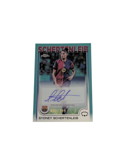 2025 Topps Chrome FC Barcelona Sydney Schertenleib Green 090/199 Auto Rookie card