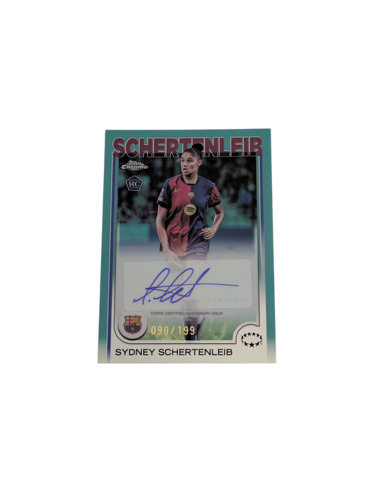 2025 Topps Chrome FC Barcelona Sydney Schertenleib Green 090/199 Auto Rookie card