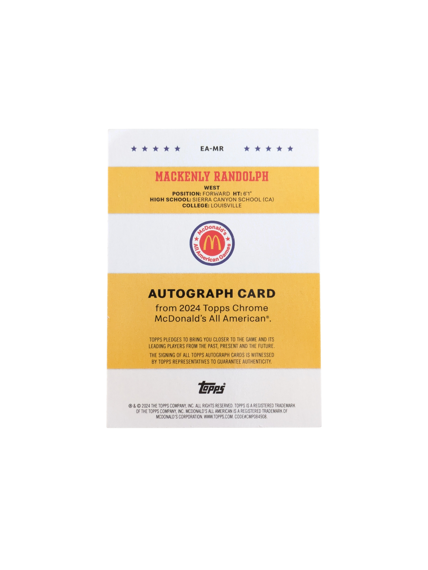 2024 Topps McDonald's All American Games Mackenly Randolph Auto card