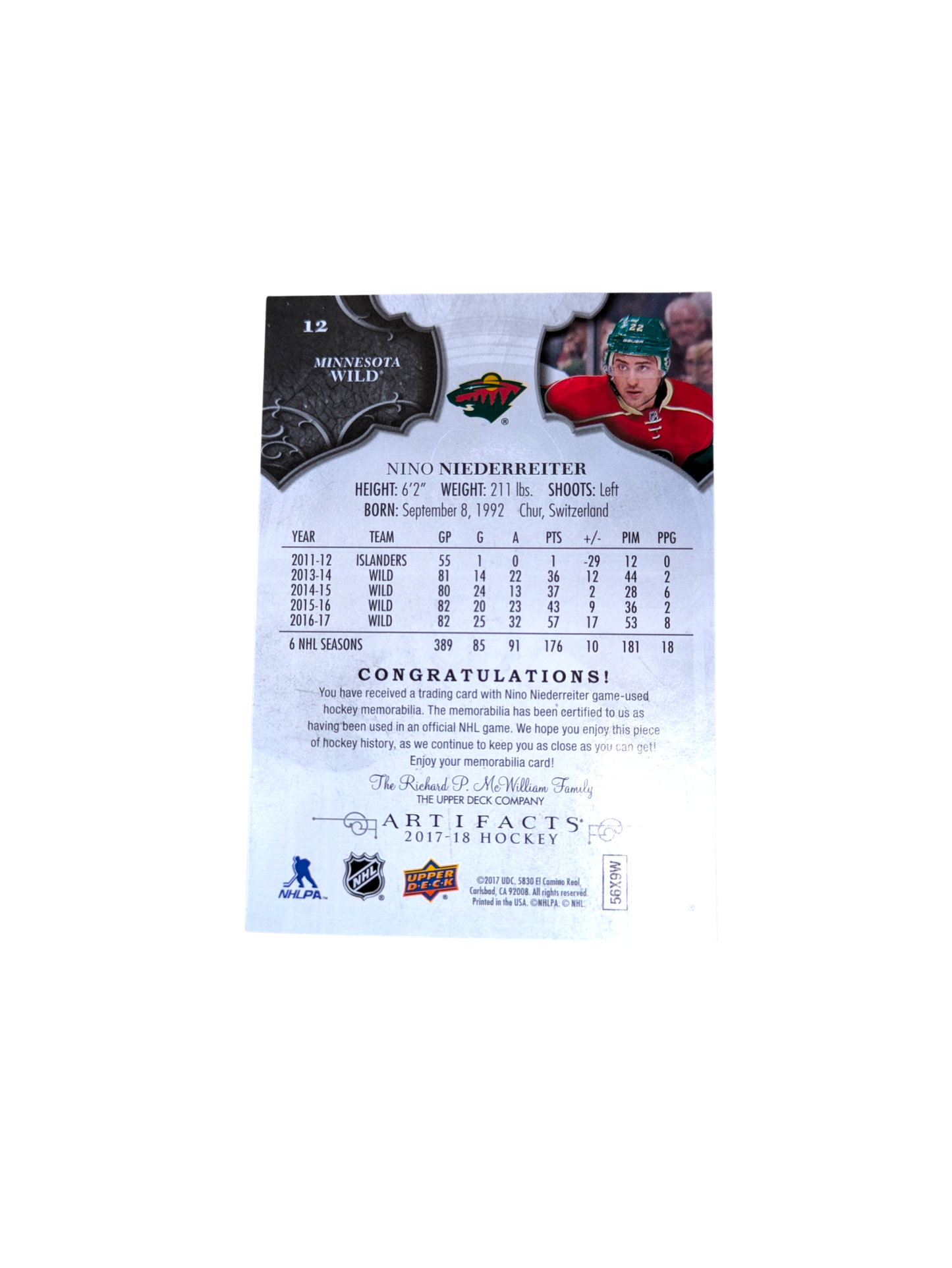 2017 Upper Deck Artifacts Minnesota Wild Nino Niederreiter Patch 042/16599 card