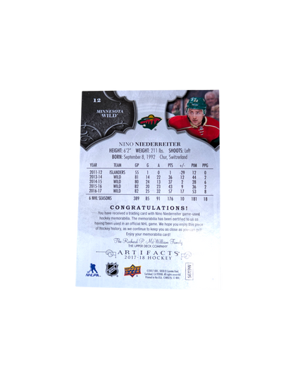 2017 Upper Deck Artifacts Minnesota Wild Nino Niederreiter Patch 042/16599 card