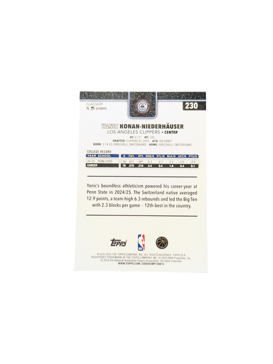 2025/26 Topps Flagship Los Angeles Clippers Yanic Konan Niederhauser Rookie card