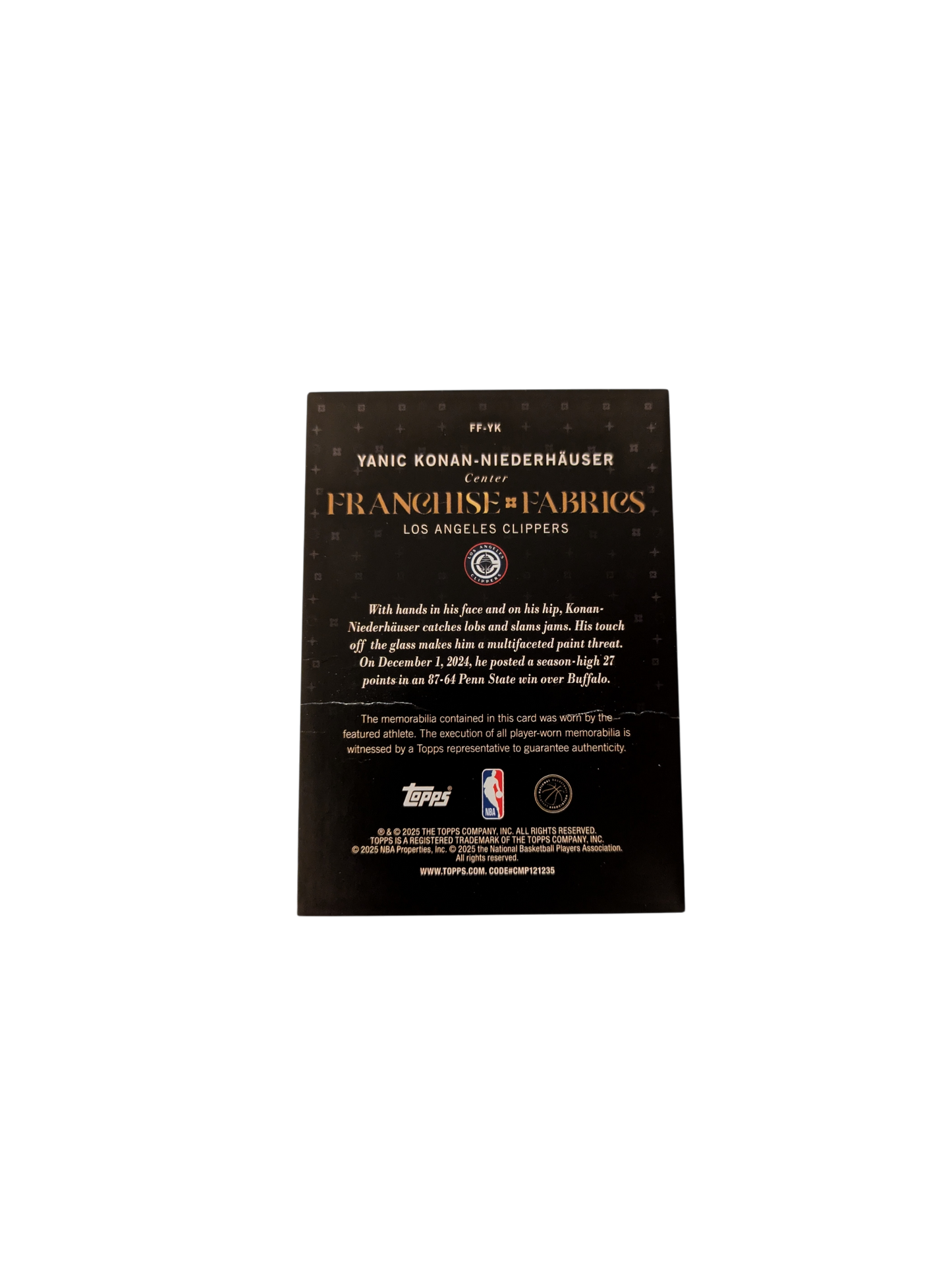 2025 Topps Franchise Fabrics Los Angeles Clippers Yanic Konan Niederhauser Rookie Jersey Patch card