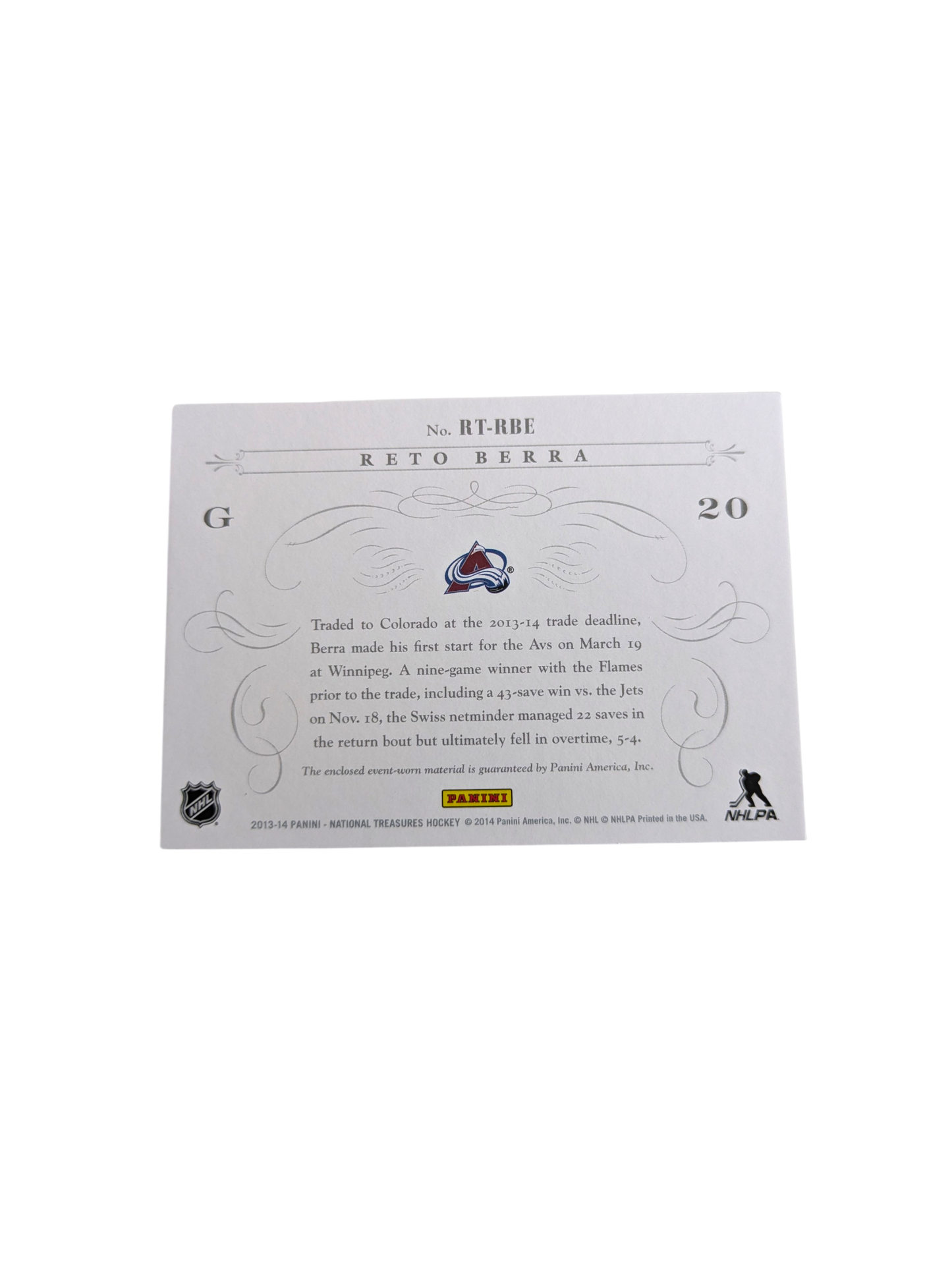 2013-14 Panini Timeline Colorado Avalanche Reto Berra Patch 11/99 card