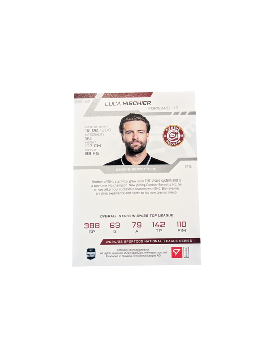 2025 SportZoo National League Genève Servette Luca Hischier 12/30 Blue card
