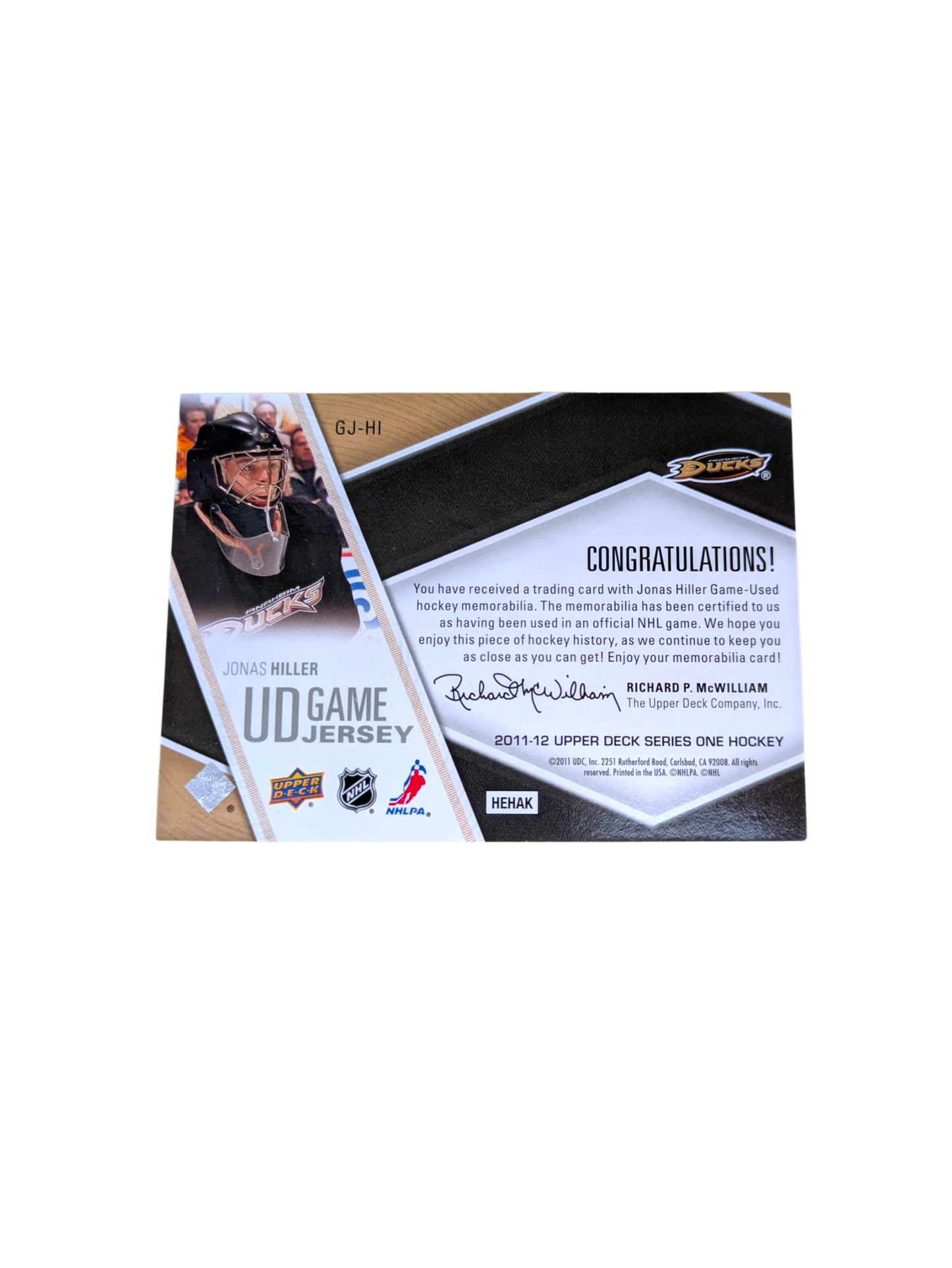 2011 Upper Deck Game Jersey Anaheim Ducks Jonas Hiller Patch card