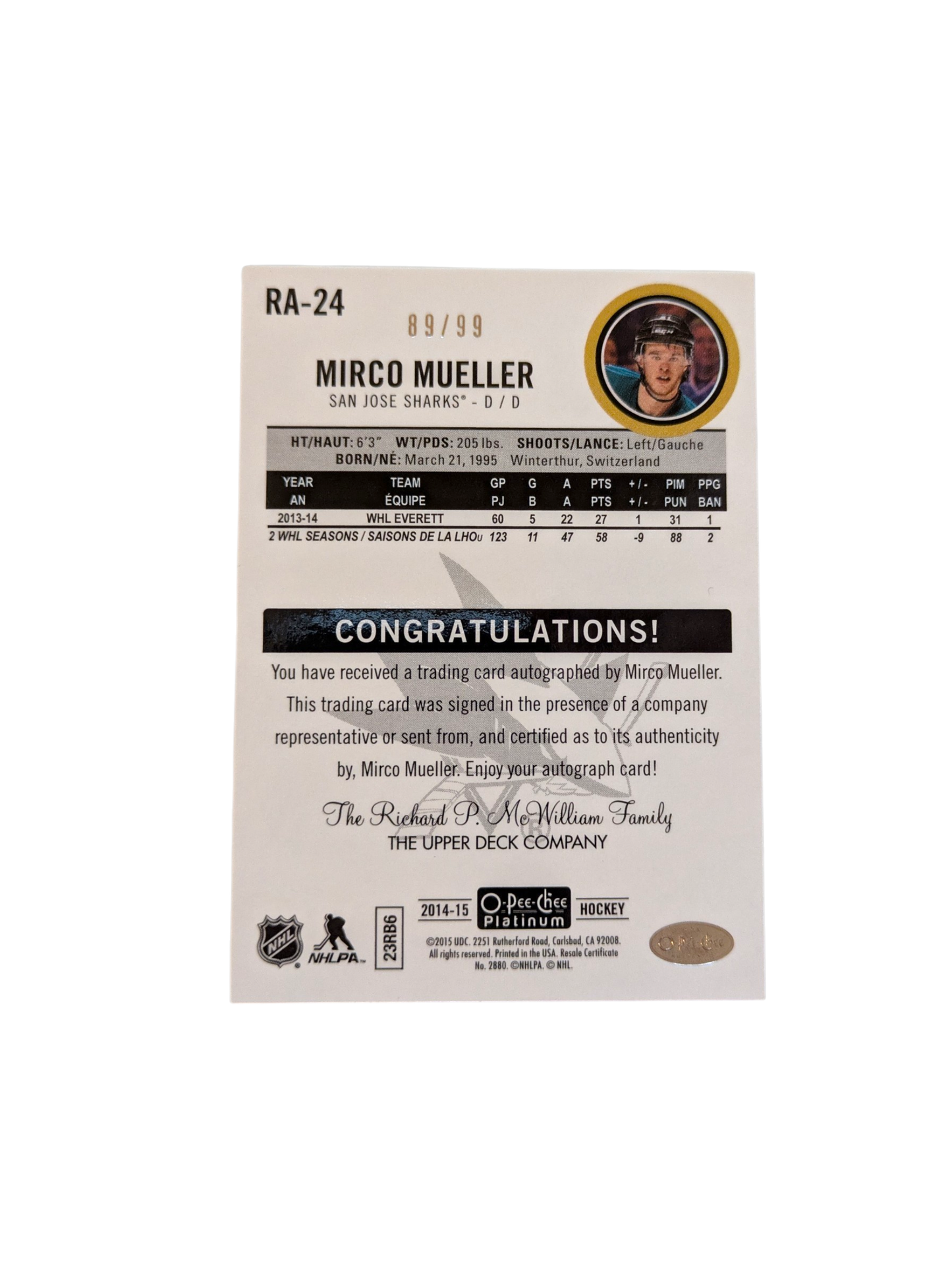 2014 Upper Deck O-Pee-Chee Platinum San Jose Sharks Mirco Mueller /99 Auto Card