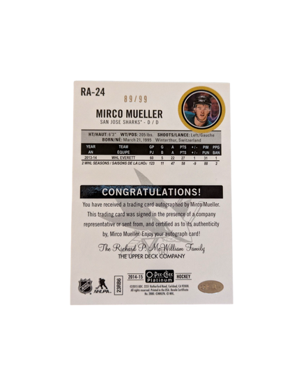 2014 Upper Deck O-Pee-Chee Platinum San Jose Sharks Mirco Mueller /99 Auto Card