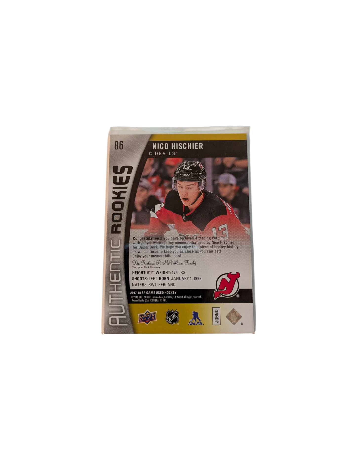 2017 Upper Deck Authentic Rookies New Jersey Devils Nico Hischier Jersey /199 Patch card