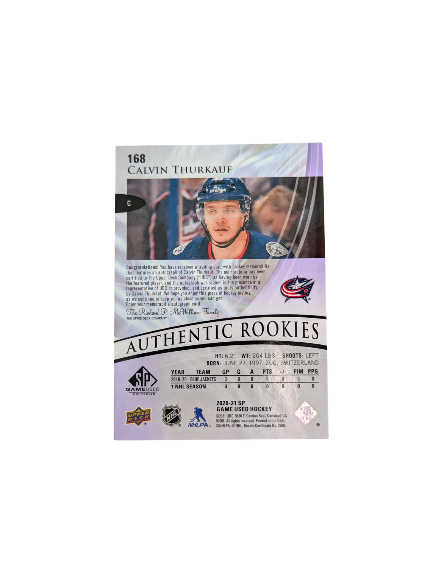 2020-21 Upper Deck Authentic Rookies Columbus Blue Jackets Calvin Thurkauf 13/65 Auto card