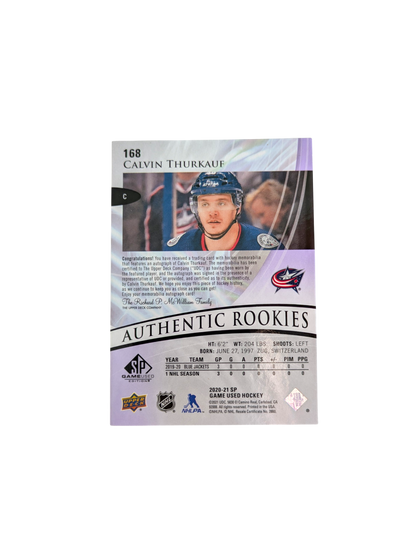 2020-21 Upper Deck Authentic Rookies Columbus Blue Jackets Calvin Thurkauf 13/65 Auto card