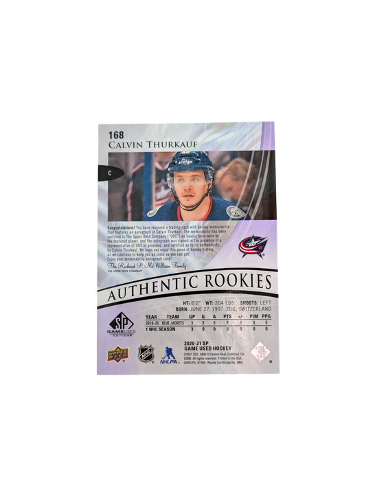2020-21 Upper Deck Authentic Rookies Columbus Blue Jackets Calvin Thurkauf 56/65 Auto card
