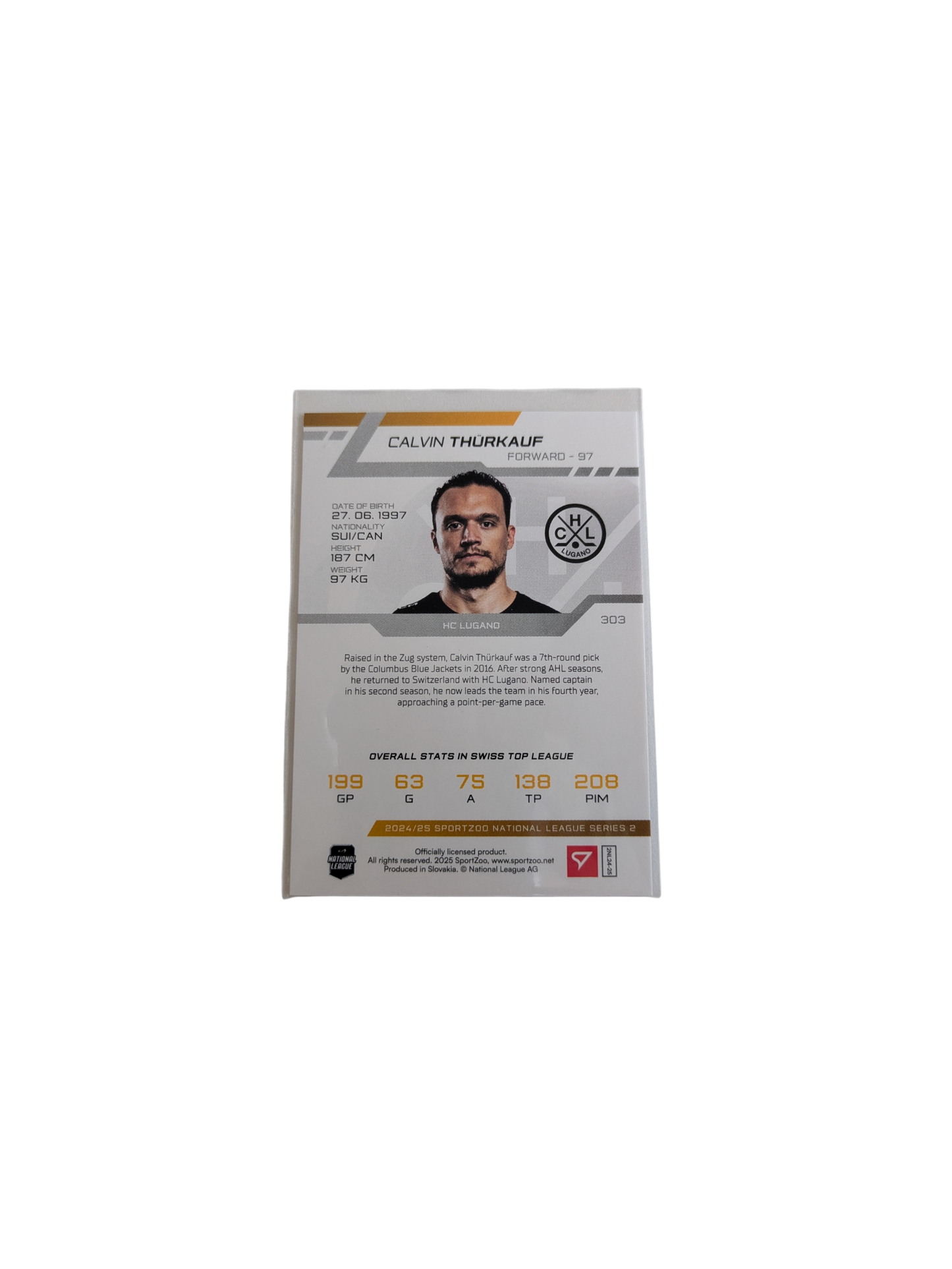 2025 SportZoo National League HC Lugano Calvin Thurkauf 13/30 Blue card