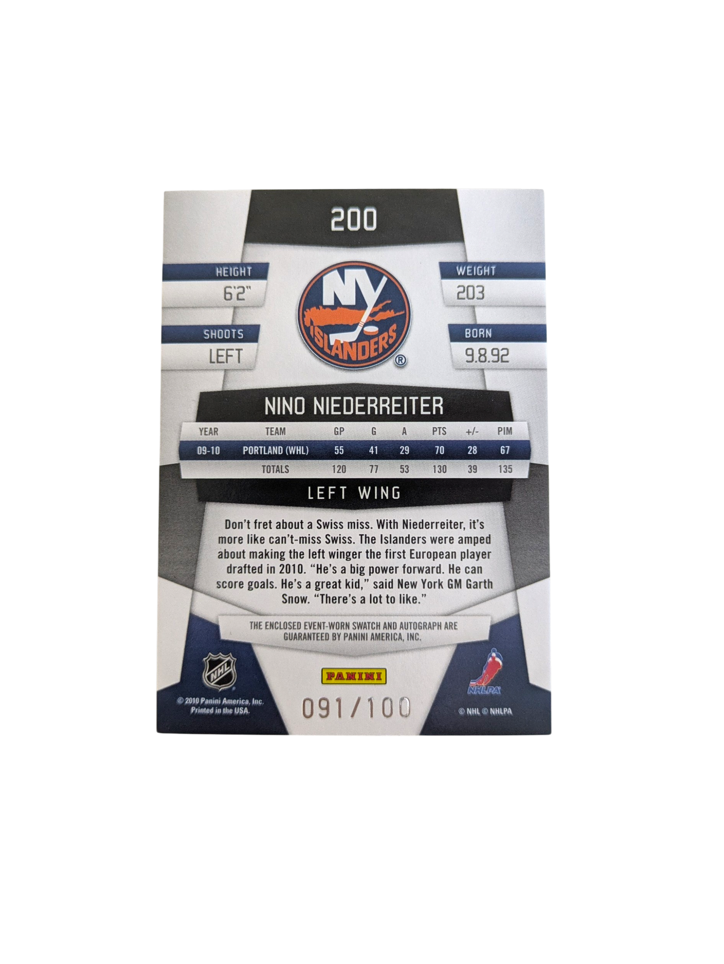 2010 Panini Freshman Fabric New York Islanders Nino Niederreiter /100 Auto Patch card