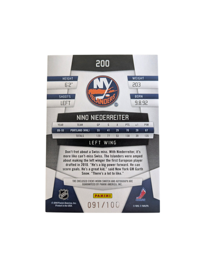 2010 Panini Freshman Fabric New York Islanders Nino Niederreiter /100 Auto Patch card